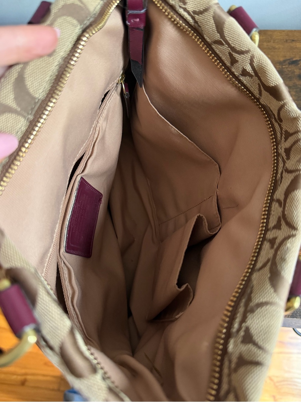 Coach F28504 Signature Stripe Tote Bag Khaki Burgundy Canvas Leather - Picture 11 of 13